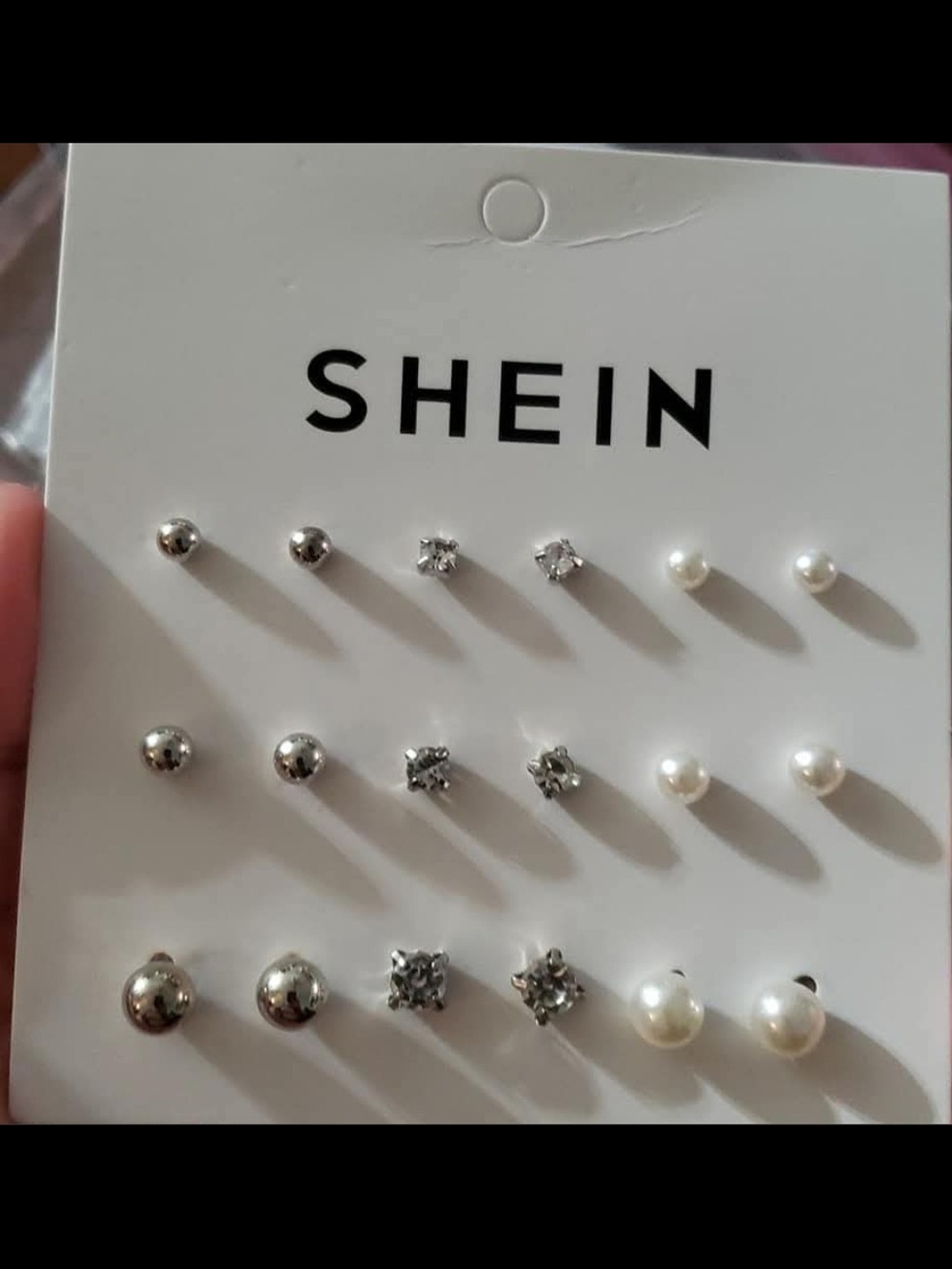 SHEIN Women's Silver and White Pearl Stud Earring Set - 9 Pairs